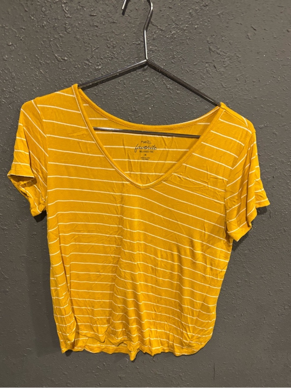 Rue21 Mustard Yellow Striped V-Neck Short Sleeve Tee